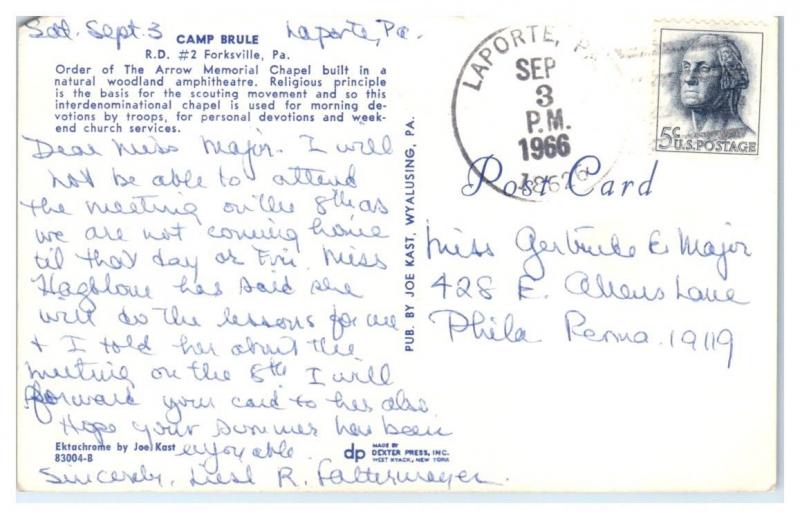 1966 Boy Scouts Camp Brule, Order of the Arrow Chapel, Forksville, PA Postcard