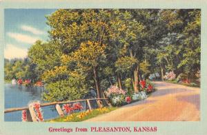 Pleasanton Kansas Greetings From road by river linen antique pc Z45713