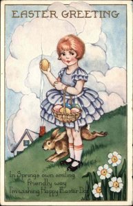 Easter Children Bunny Rabbit Runs Past Girl Whitney Embossed c1900s-10s Postcard