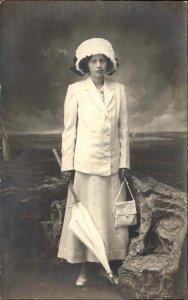 Studio Portrait Props Woman Purse Parasol Fashionable Hat c1910 Real Photo PC