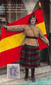 Spain Woman in Military Uniform Holding Flag Photo Montage postcard