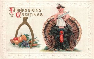 Thanksgiving Greetings Holiday Turkey Chef Wishing Bone Vintage Postcard c1910