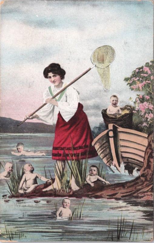 Woman w Babies Water Children Fishing Net Mother Nanny ES 139