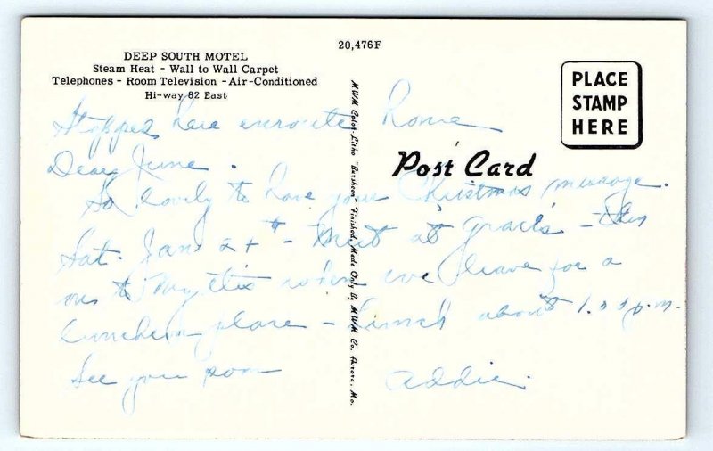 ALBANY, GA Georgia ~ DEEP SOUTH MOTEL c1950s Roadside Postcard