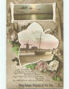 1913 tinted rppc HAPPY RETURNS - SAIL BOAT ON WATER & PINK ROSE FLOWERS o2219