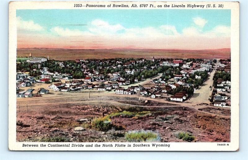 Postcard WY Rawlins Panorama of City Lincoln Highway Route 30 J10