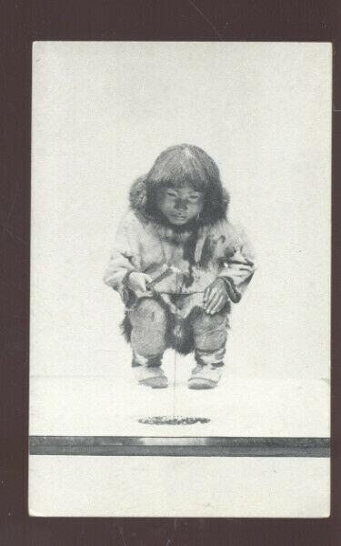 ESKIMO GIRL ICE FISHING ALASKA VINTAGE POSTCARD