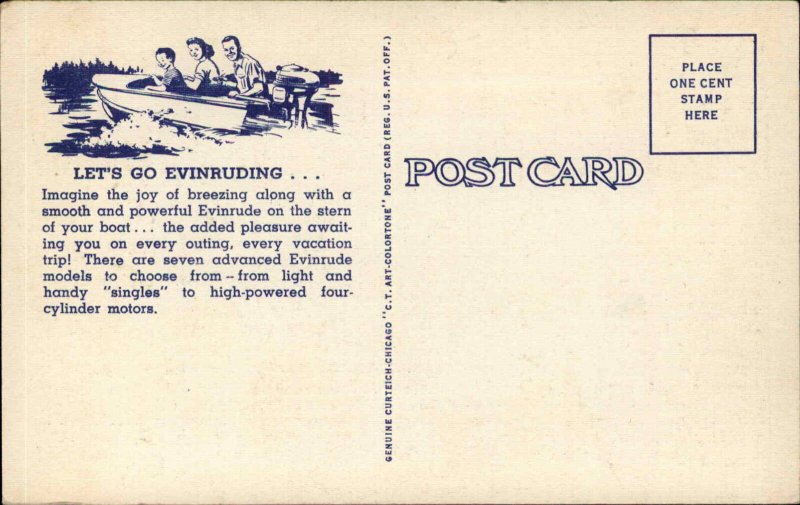 Motorboat Motor Boat Boating Engine EVINRUDE Linen Advertising Postcard
