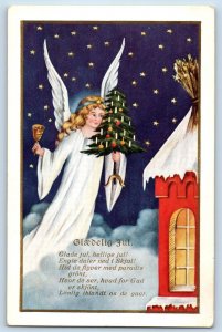 Christmas Postcard Angel With Christmas Tree And Bell Winter c1910's Antique