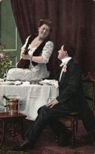 Lovers Couple Lady On Top Of The Table Wedding Day Celebrating Vintage Postcard