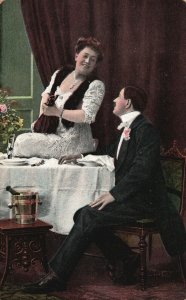 Vintage Postcard Lovers Couple Lady On Top Of The Table Wedding Day Celebrating