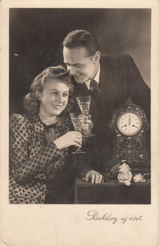 New Year clock greetings lovely couple champagne cheers photo postcard Hungary