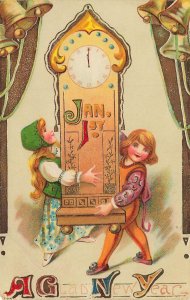 A GLAD NEW YEAR-EDWARDIAN CHILDREN CARRY A TALL CLOCK~1913 NEW YEAR POSTCARD