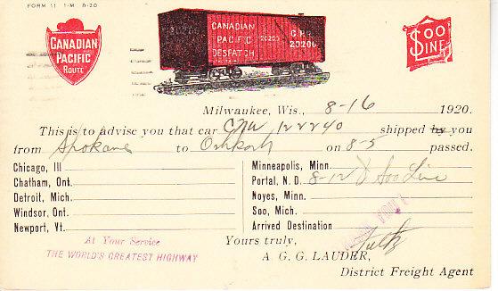 Canadian Pacific Route Postal Card - Boxcar Location 1920