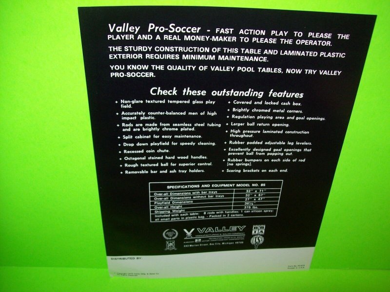 Valley Pro Soccer Foosball Table FLYER Art Pint Arcade Game Promo Original 1975 