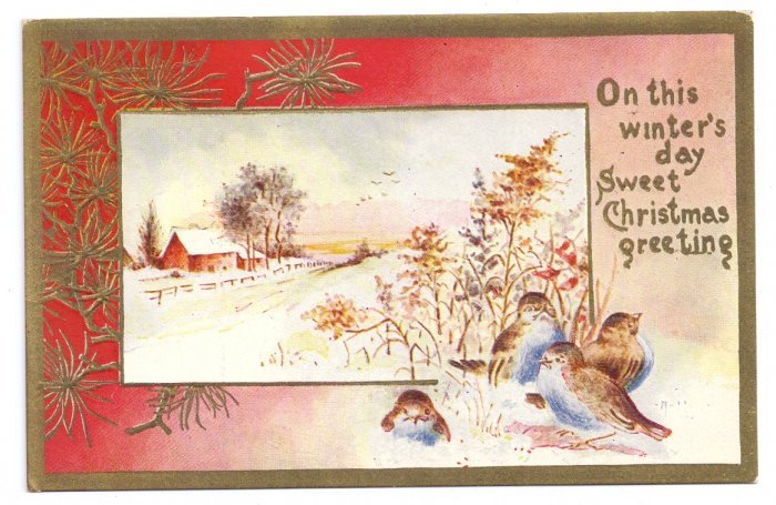 Christmas Birds Snowy Farm Scene Gold Trim Lightly Embossed Vintage Postcard