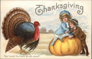 Thanksgiving Children on Giant Pumpkin Admire Big Turkey Vintage Postcard