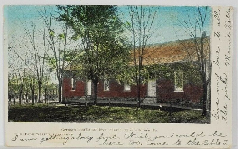 Elizabethtown Pa German Baptist Brethren Church 1907 to Dallastown Postcard R20