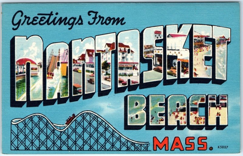 c1940s Nantasket Beach MA Greetings Linen South Shore Novelty Postcard Mass A114