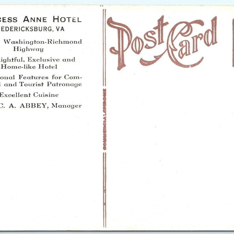 c1910s Fredericksburg VA Princess ANne Hotel Car Advertising Postcard Abbey A119