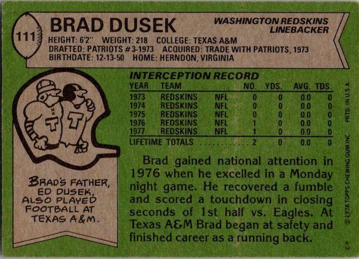 1978 Topps Football Card Brad Dusek Washington Redskins sk7435