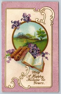 May A Happy Future Be Yours, Violets, Books, Antique Winsch Back Style Postcard