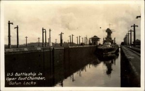 US Battleship Upper East Chamber Gatun Locks Panama Real Photo Postcard