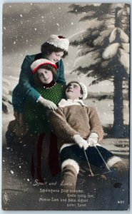 c1910s Women Man Toboggan Snow Sled RPPC German Hand Colored Real Photo PFB A136