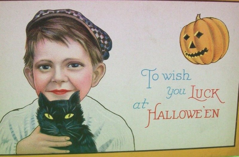 Halloween Postcard Boy Holding Black Cat 1291 C Stecher Original Antique  #4