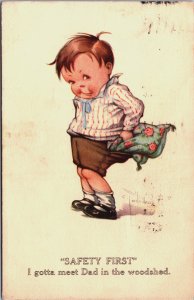 Boy, Safety First I gotta meet Dad in the Woodshed Vintage Postcard C168