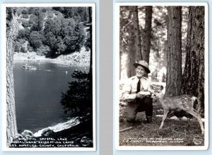 2 RPPC Postcards CRYSTAL LAKE RECREATION CAMP, CA ~ Ranger Feeding Deer 1940s