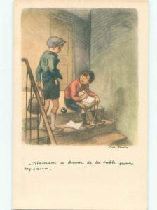 foreign Old Postcard signed FRENCH BOY SITTING ON THE STEPS AC2810