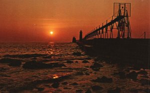 Vintage Postcard Sunset At Pier Spectacular Nature Lover Grand Haven Michigan MI