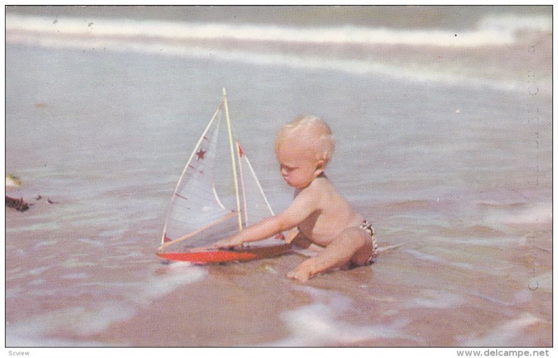 Waiting For You on the Beach Here, Baby with Toy Boat Sitting in the Water, S...