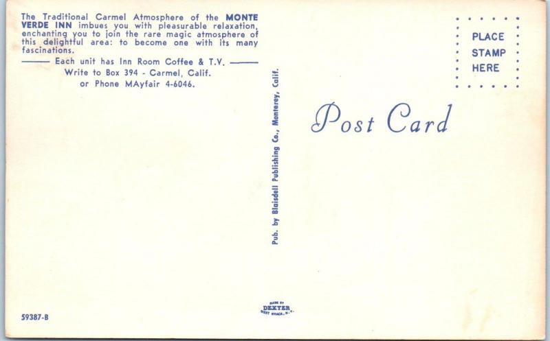 CARMEL, CA California    MONTE  VERDE  INN     c1950s  Roadside  Postcard 