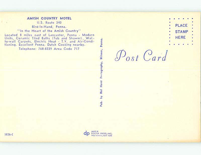 Unused Pre-1980 OLD CARS & AMISH COUNTRY MOTEL Bird-In-Hand PA u6762-22