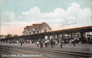 Asbury Park New Jersey Scene At The Depot, Color Lithograph Vintage PC U7630