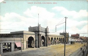 Columbus Ohio c1908 Postcard Union Train Station Streetcar