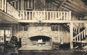 Rangeley Lakes ME York's Log Village Loon Lake Fireplace Real Photo Postcard