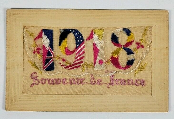 WWI Silk Embrd Envelope Patriotic Allies From US Soldier Reading Pa Postcard M10