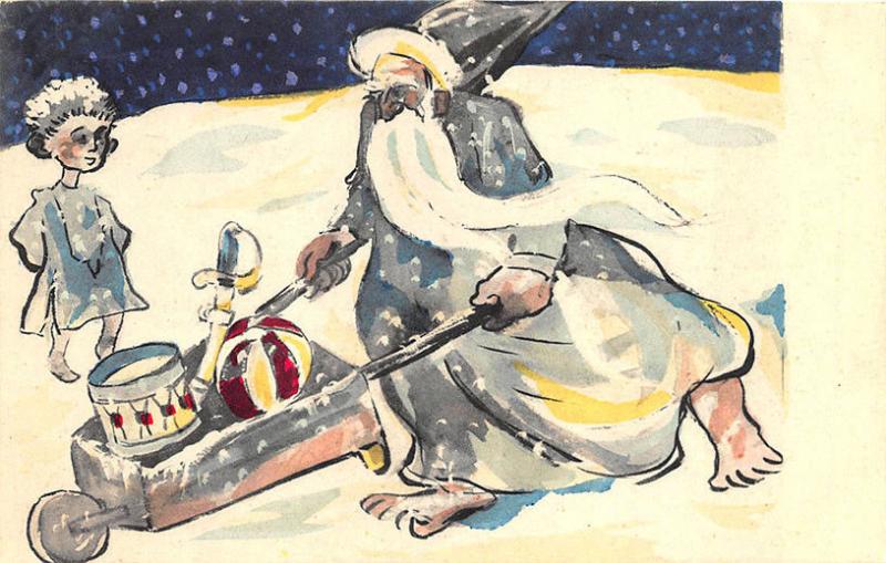 French Christmas Gray Blue Santa Claus Wheel Barrow Drum Ball Postcard