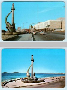 2 Postcards MAZATLAN, MEXICO ~ Street Scene PULMONIAS TAXIS Fishermen's Monument