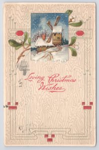 Loving Christmas Wishes~Winter Windmill Scene~Mistletoe~Embossed~Vintage PC