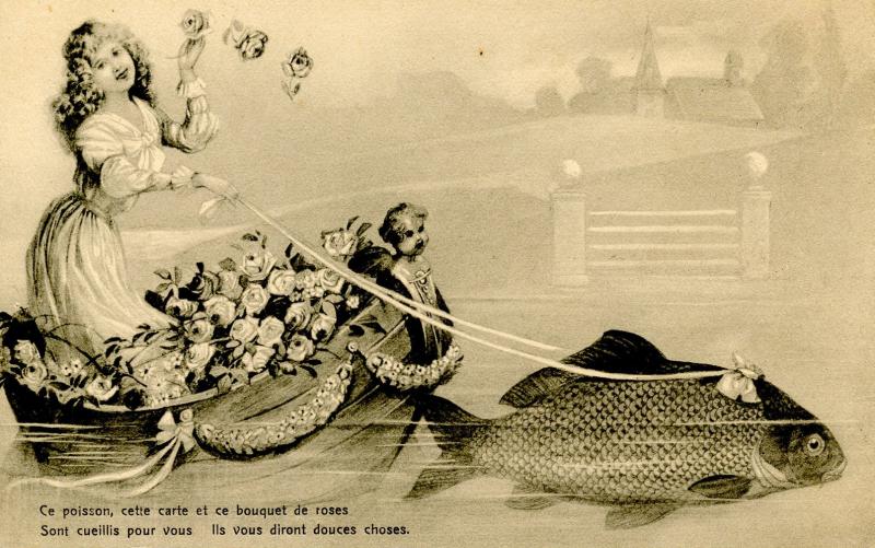 Exaggeration - Giant Fish Pulling Boat with Lady and Roses)