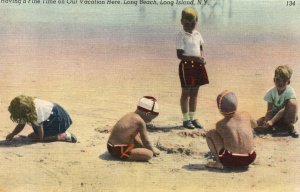 Vintage Postcard 1930's Children Fun Time Vacation Long Beach Long Island N. Y.