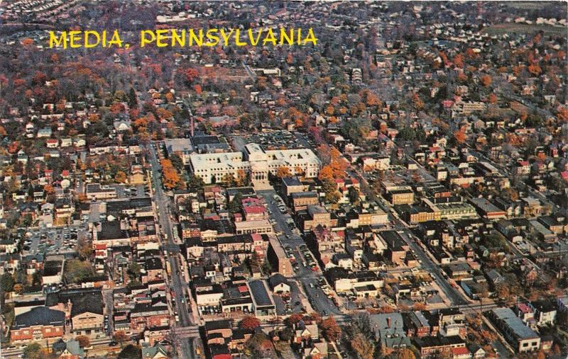 Media Pennsylvania Aerial View~Cars in Streets-Buildings-Houses-Autumn Trees~60s