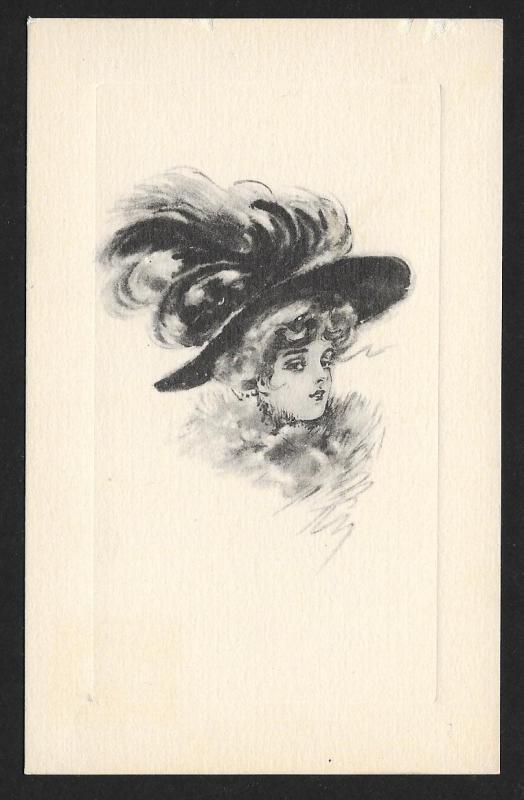 Head Only of Pretty Lady in Big Hat Unused c1910s