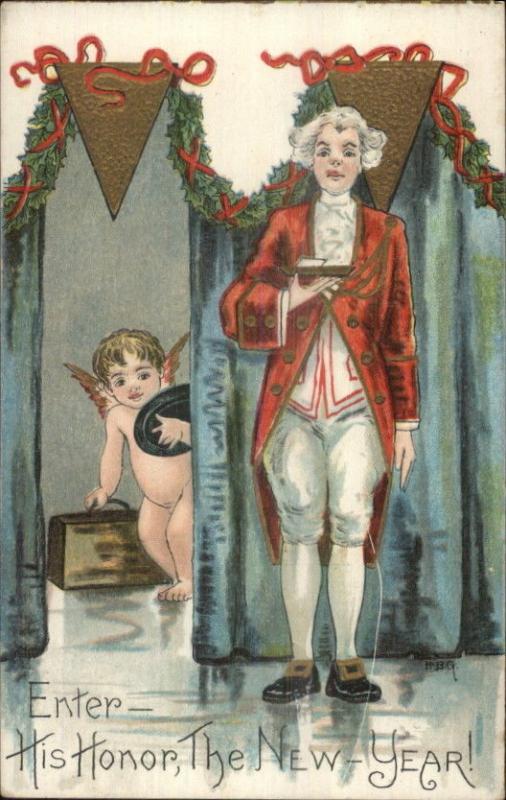 New Year - Victorian Man & Cherub w/ Suitcase HBG Griggs c1910 Postcard