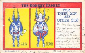 Donkey Family Donkey 1907 writing on front, postal marking on front, stains o...