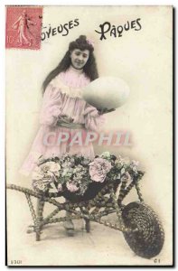 Postcard Old Wheelbarrow Woman Easter Flowers